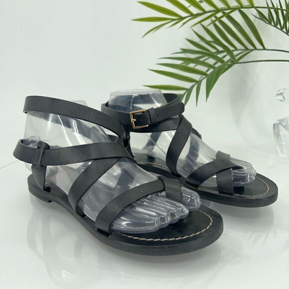 Tory Burch Patos Black Leather Gladiator Sandals 6 M Ankle Wrap Buckle Thong - Picture 1 of 13